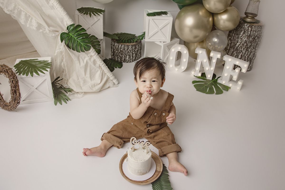 Boy at his first year photo shoot with a cake and safari theme