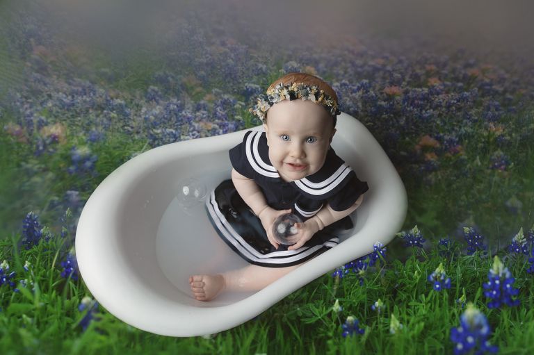 Cake Smash and Splash session for baby in Dallas Texas Bluebonnets