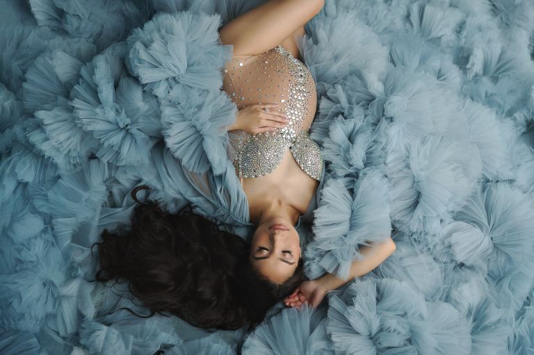 Luxury maternity photo of expectant mom in designer gown – Flower Mound photographer