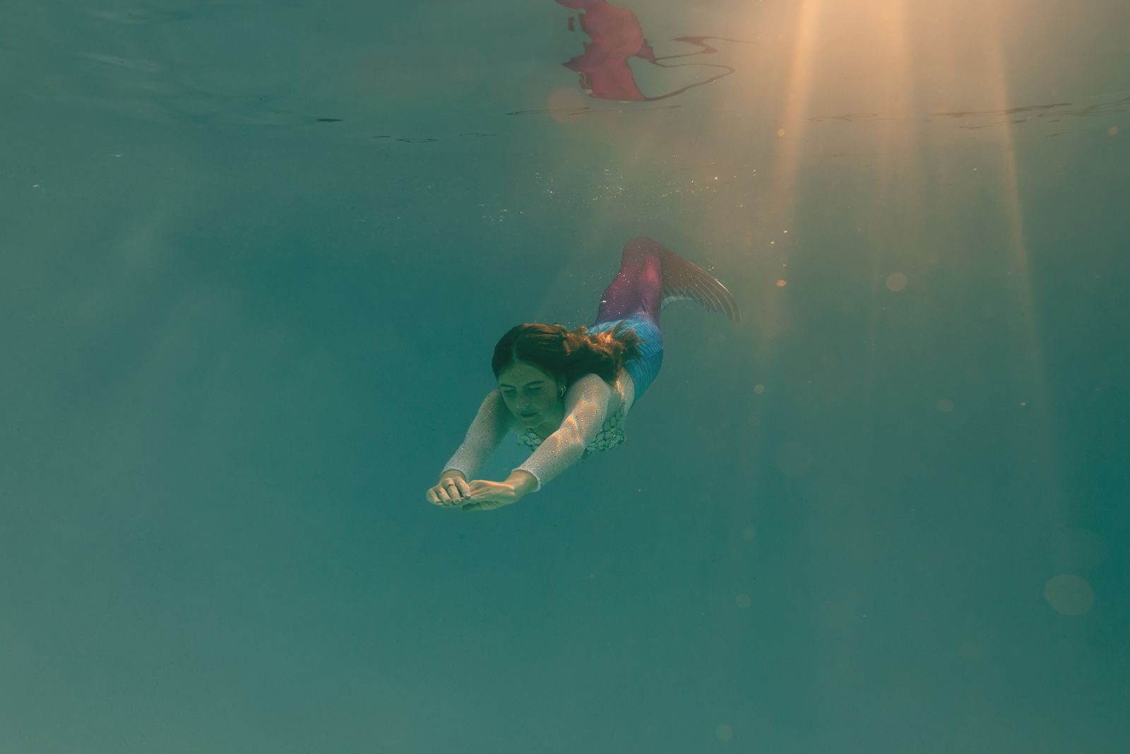 Fine-art underwater portrait of a mermaid gliding through golden light with a shimmering blue tail — captured by White Lavender Photography in Dallas–Fort Worth