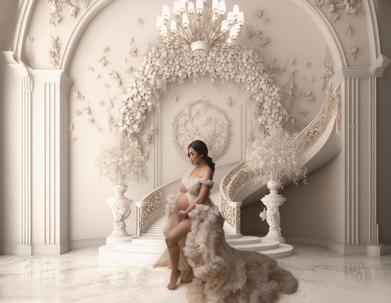 Top maternity poses in Dallas featuring an elegant couture maternity portrait in a luxury studio with flowing gown and fine-art styling by White Lavender Photography